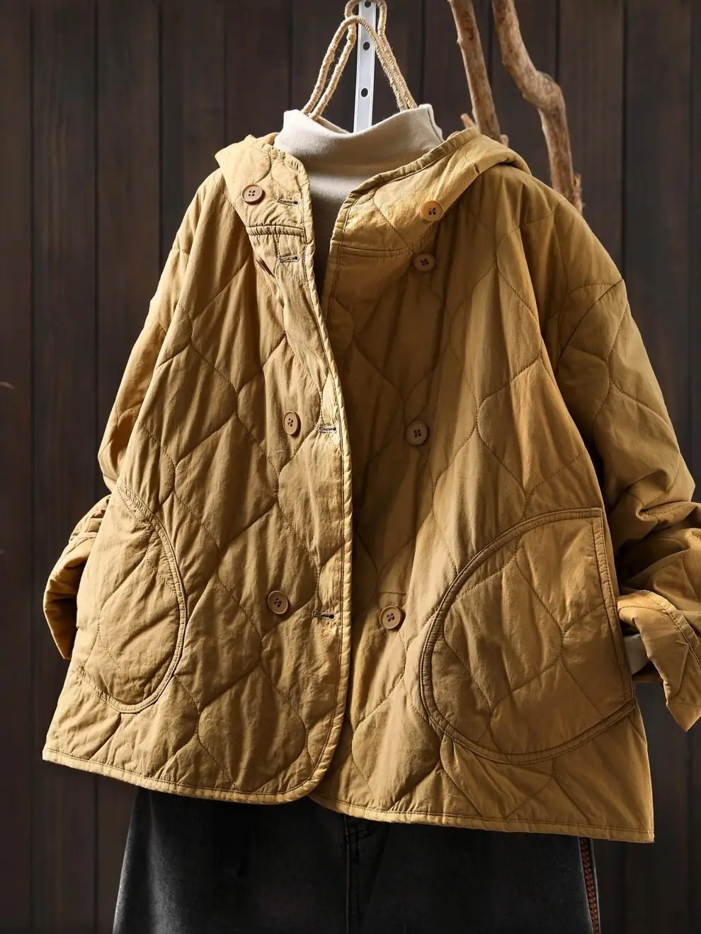 Johnature Women Vintage Hooded Parkas Button Winter Coats 2025 New Solid Color Patchwork Pockets Casual Soft Cotton Parkas