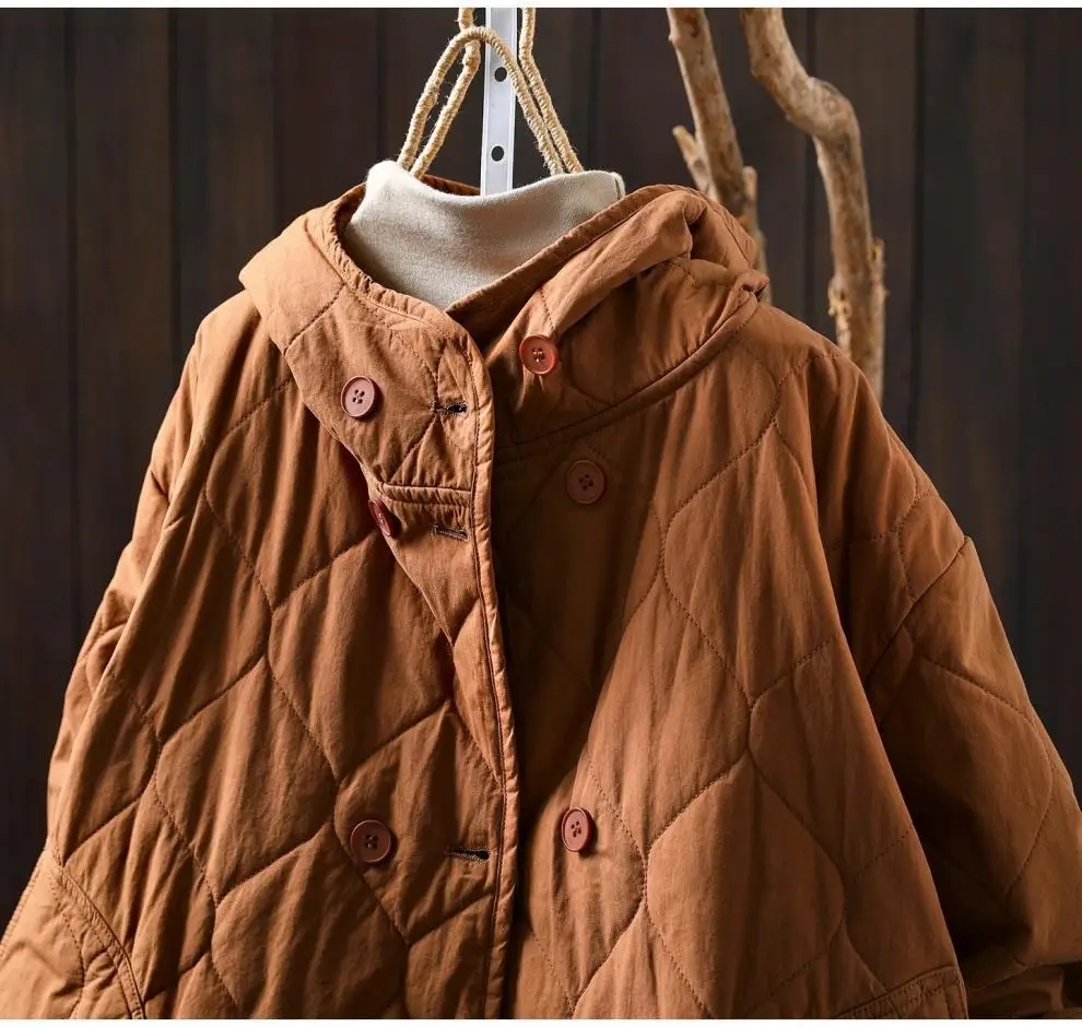 Johnature Women Vintage Hooded Parkas Button Winter Coats 2025 New Solid Color Patchwork Pockets Casual Soft Cotton Parkas