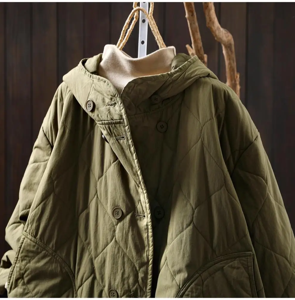 Johnature Women Vintage Hooded Parkas Button Winter Coats 2025 New Solid Color Patchwork Pockets Casual Soft Cotton Parkas