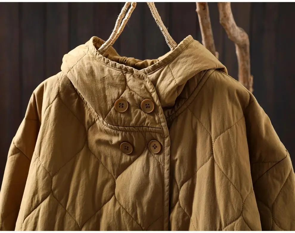 Johnature Women Vintage Hooded Parkas Button Winter Coats 2025 New Solid Color Patchwork Pockets Casual Soft Cotton Parkas