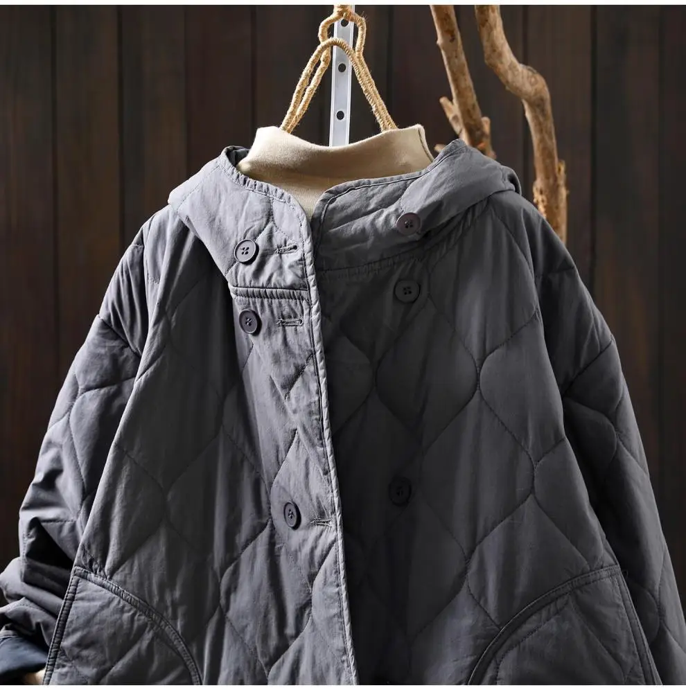 Johnature Women Vintage Hooded Parkas Button Winter Coats 2025 New Solid Color Patchwork Pockets Casual Soft Cotton Parkas