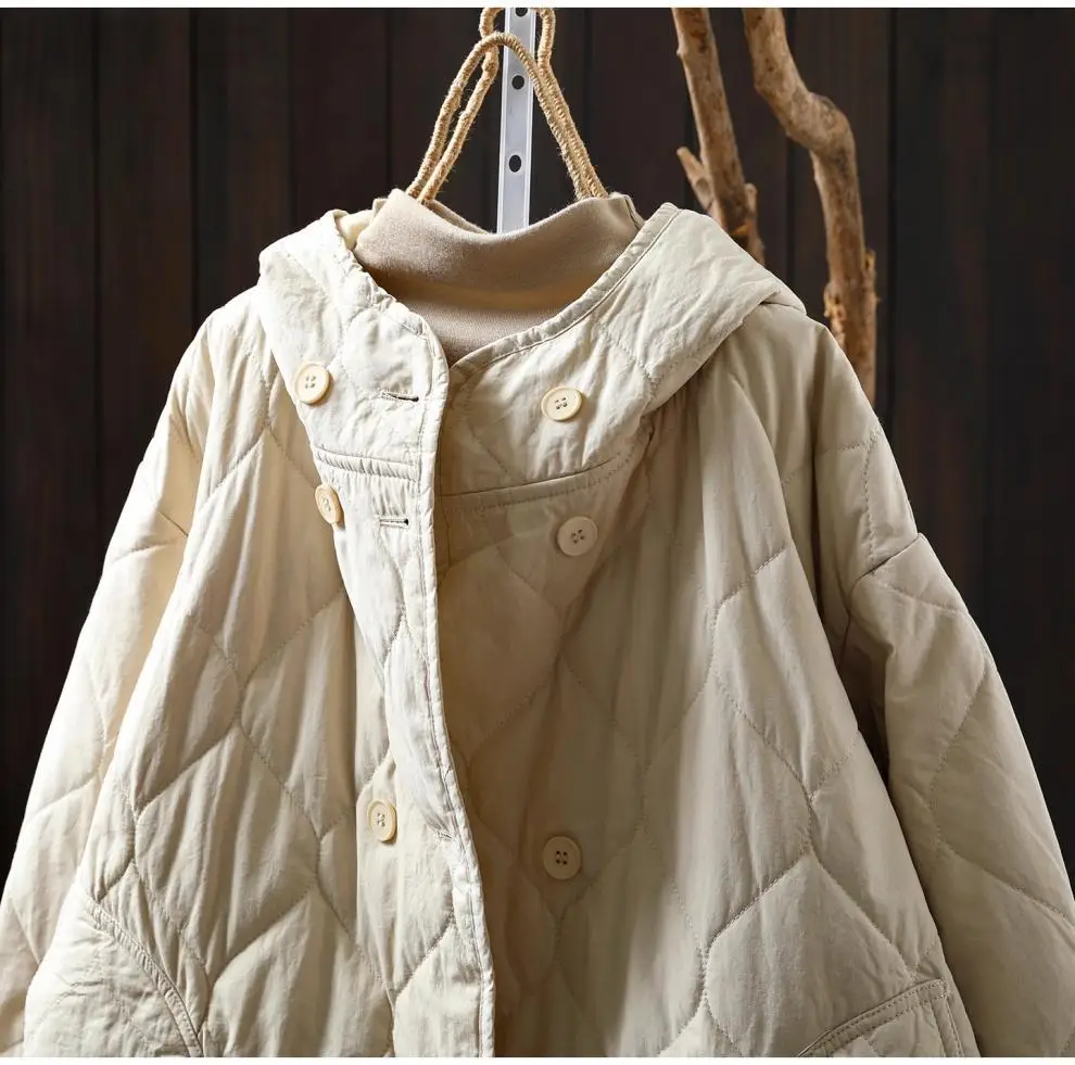 Johnature Women Vintage Hooded Parkas Button Winter Coats 2025 New Solid Color Patchwork Pockets Casual Soft Cotton Parkas
