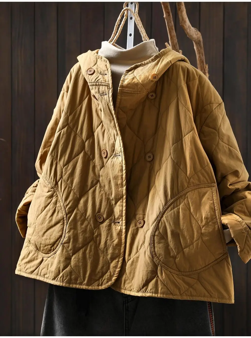Johnature Women Vintage Hooded Parkas Button Winter Coats 2025 New Solid Color Patchwork Pockets Casual Soft Cotton Parkas