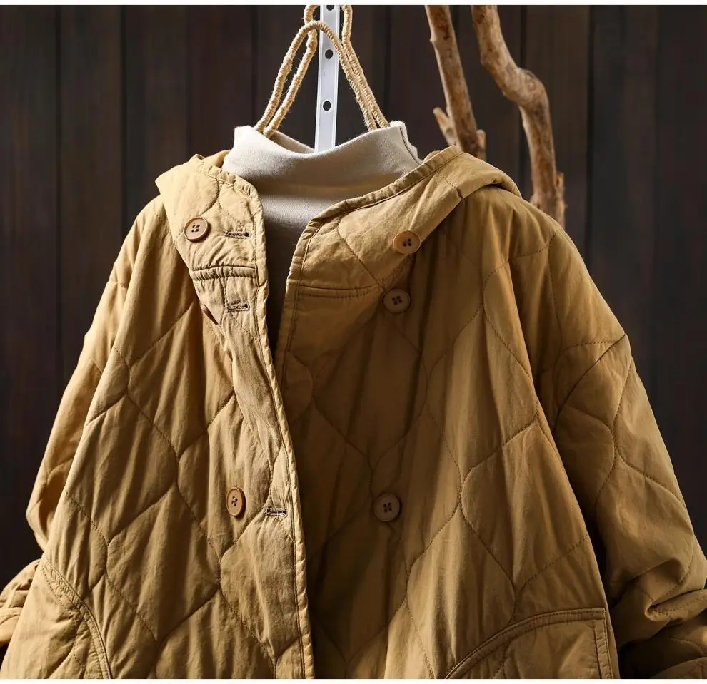 Johnature Women Vintage Hooded Parkas Button Winter Coats 2025 New Solid Color Patchwork Pockets Casual Soft Cotton Parkas