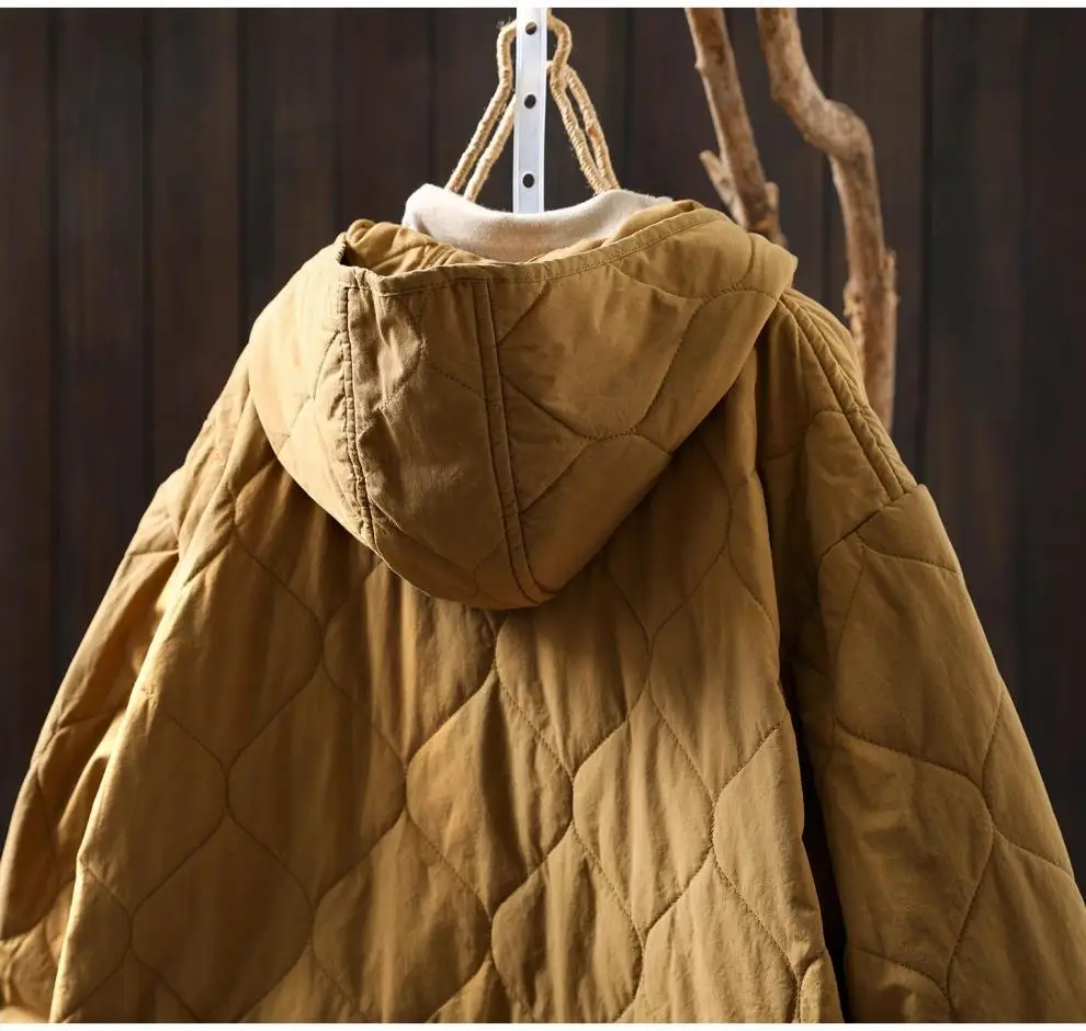 Johnature Women Vintage Hooded Parkas Button Winter Coats 2025 New Solid Color Patchwork Pockets Casual Soft Cotton Parkas