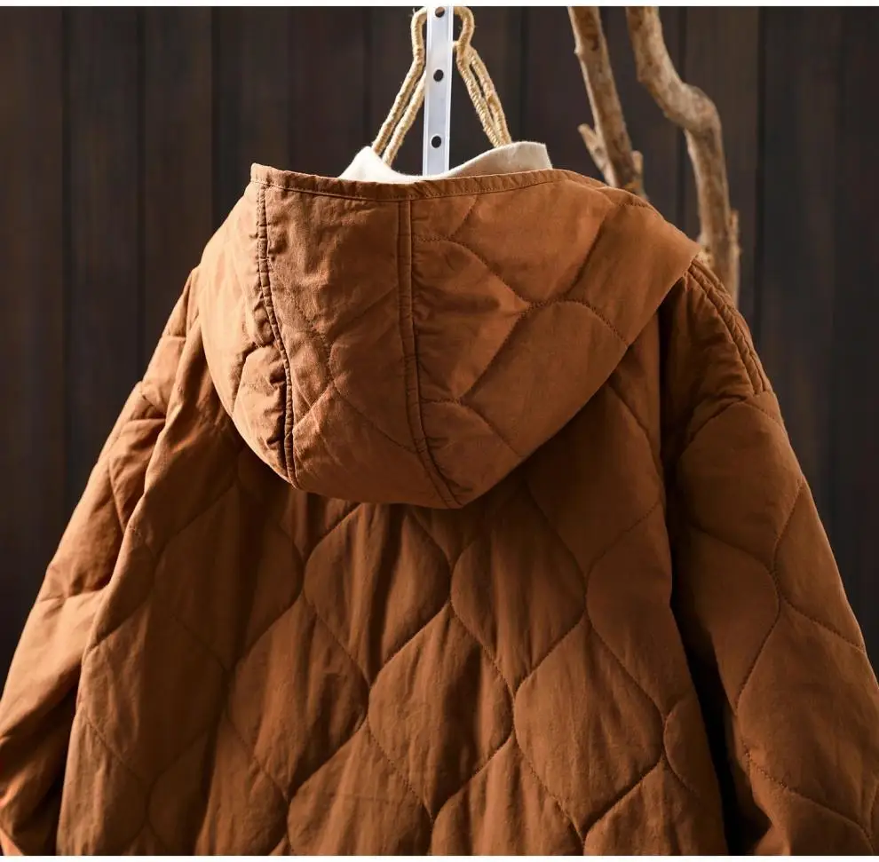 Johnature Women Vintage Hooded Parkas Button Winter Coats 2025 New Solid Color Patchwork Pockets Casual Soft Cotton Parkas