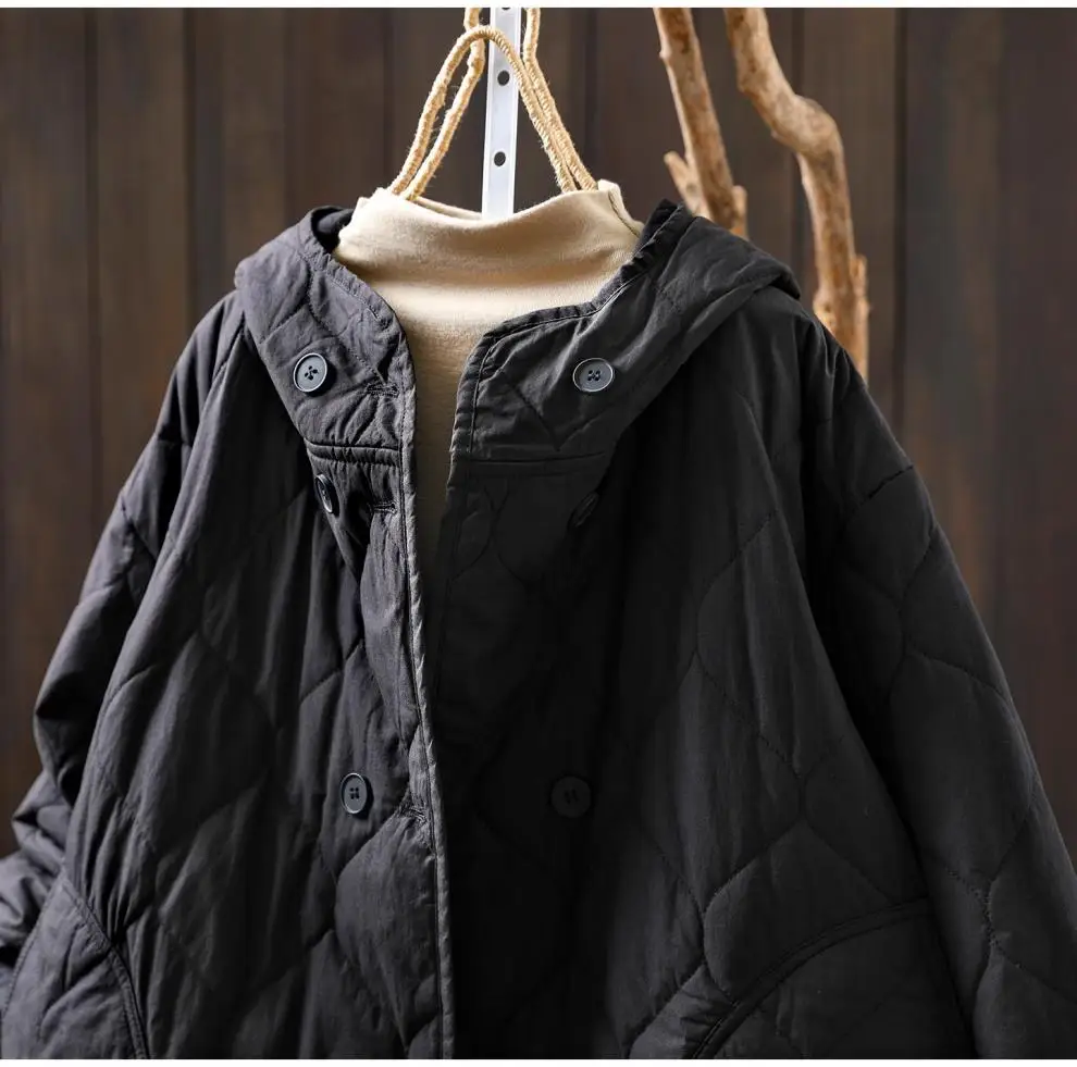 Johnature Women Vintage Hooded Parkas Button Winter Coats 2025 New Solid Color Patchwork Pockets Casual Soft Cotton Parkas
