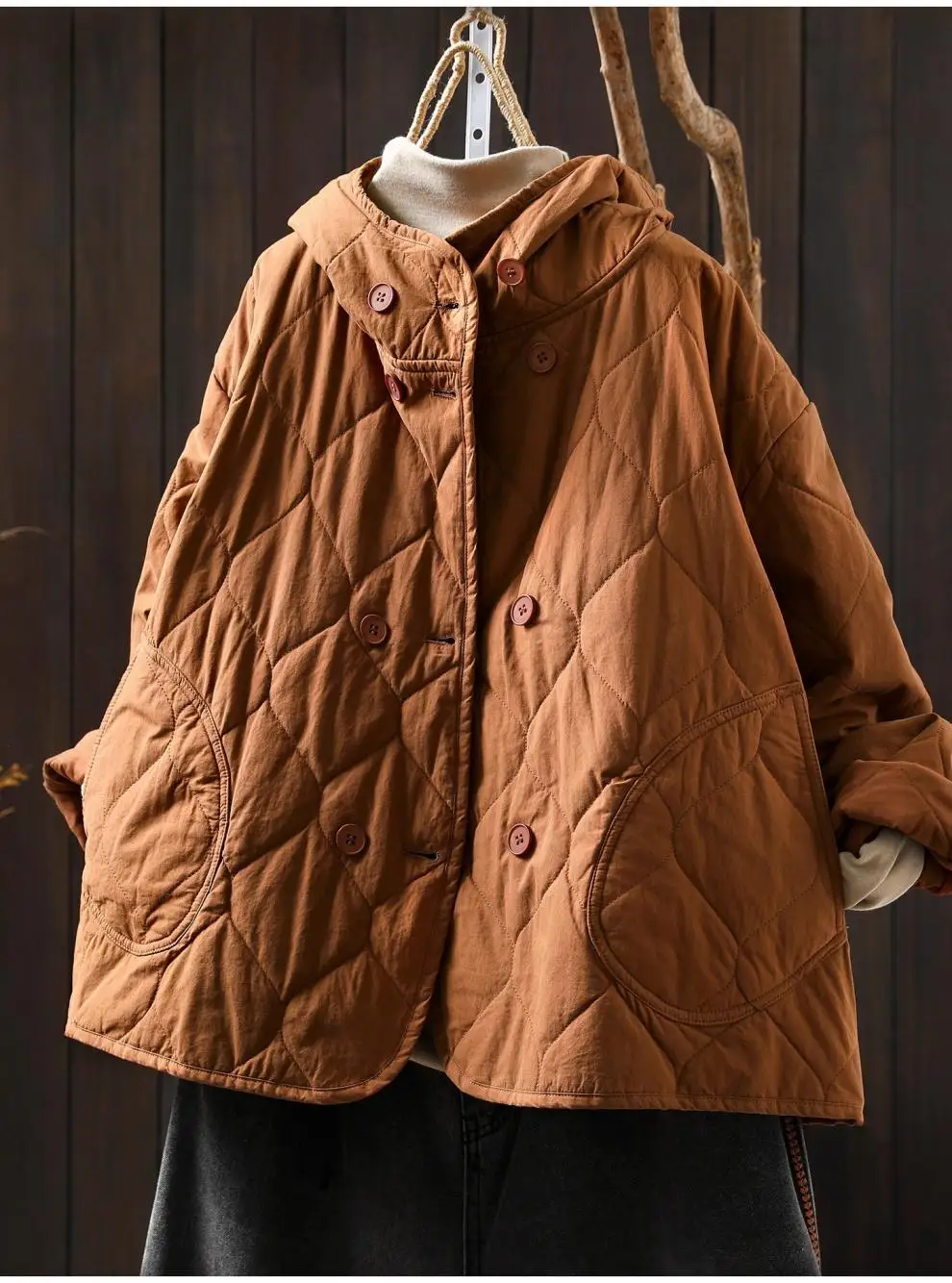 Johnature Women Vintage Hooded Parkas Button Winter Coats 2025 New Solid Color Patchwork Pockets Casual Soft Cotton Parkas
