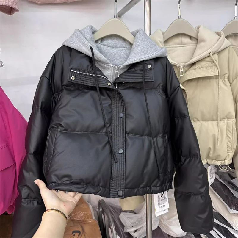 Autumn Winter New Fake Two Pieces Splicing Cotton Jacket Women Cotton-Padded Thick Warm Parkas Short Coat Female Casual Lady Top