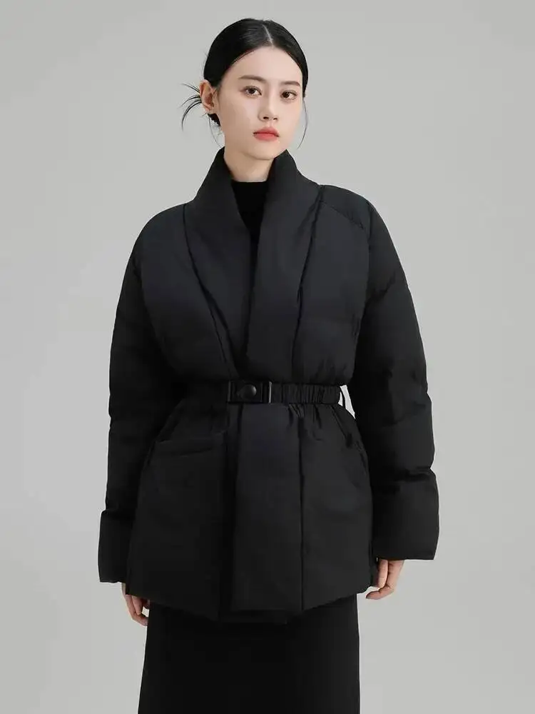 DEAT Fashion Brown Cotton-padded Coat Women's V-neck Loose Big Pockets Sashes Thick Warm Jacket Winter New