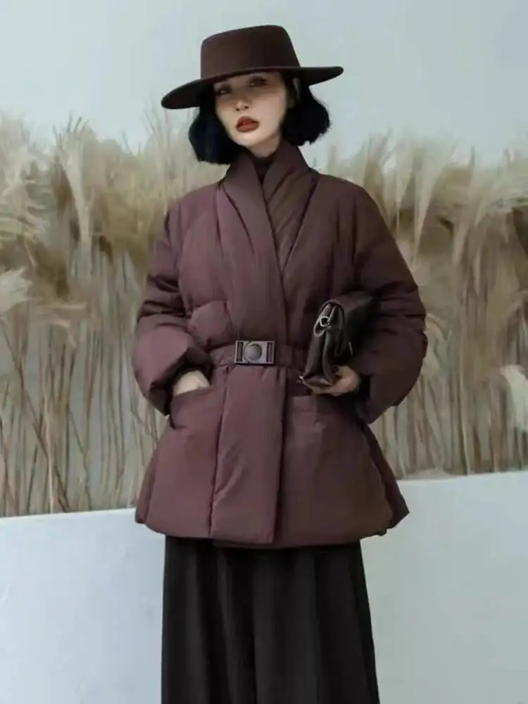 DEAT Fashion Brown Cotton-padded Coat Women's V-neck Loose Big Pockets Sashes Thick Warm Jacket Winter New