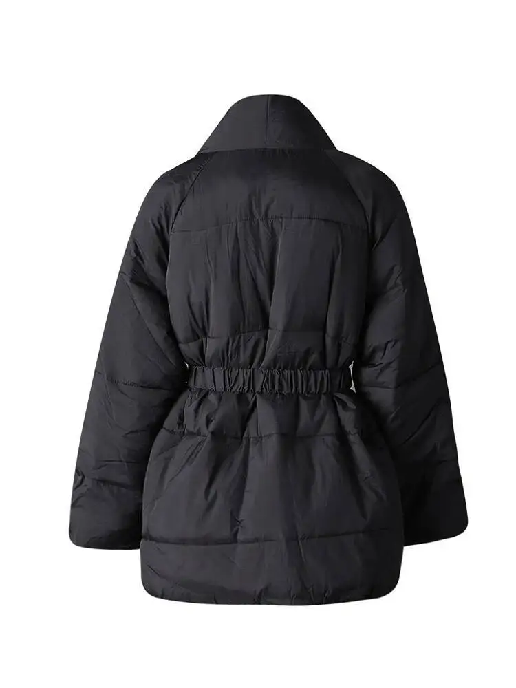 DEAT Fashion Brown Cotton-padded Coat Women's V-neck Loose Big Pockets Sashes Thick Warm Jacket Winter New