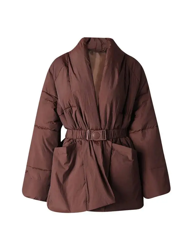 DEAT Fashion Brown Cotton-padded Coat Women's V-neck Loose Big Pockets Sashes Thick Warm Jacket Winter New