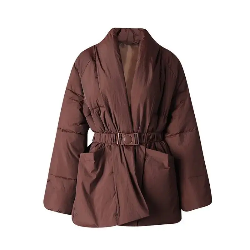 DEAT Fashion Brown Cotton-padded Coat Women's V-neck Loose Big Pockets Sashes Thick Warm Jacket Winter New