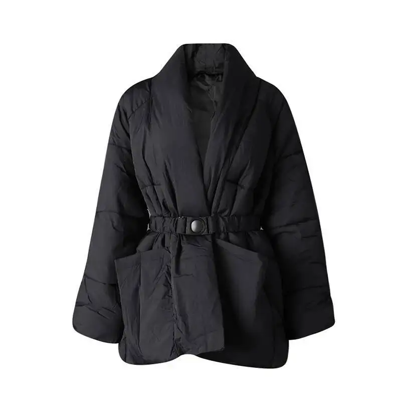 DEAT Fashion Brown Cotton-padded Coat Women's V-neck Loose Big Pockets Sashes Thick Warm Jacket Winter New