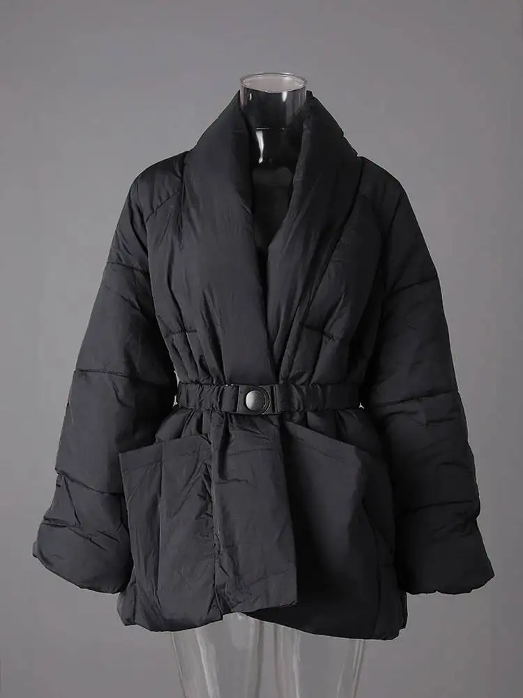 DEAT Fashion Brown Cotton-padded Coat Women's V-neck Loose Big Pockets Sashes Thick Warm Jacket Winter New