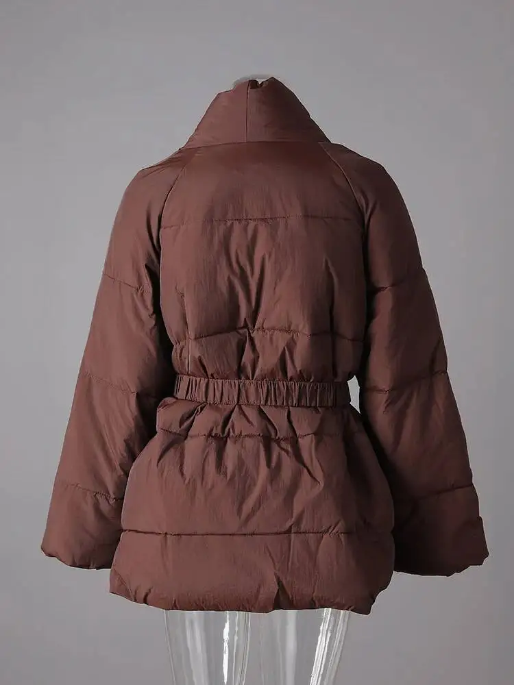 DEAT Fashion Brown Cotton-padded Coat Women's V-neck Loose Big Pockets Sashes Thick Warm Jacket Winter New