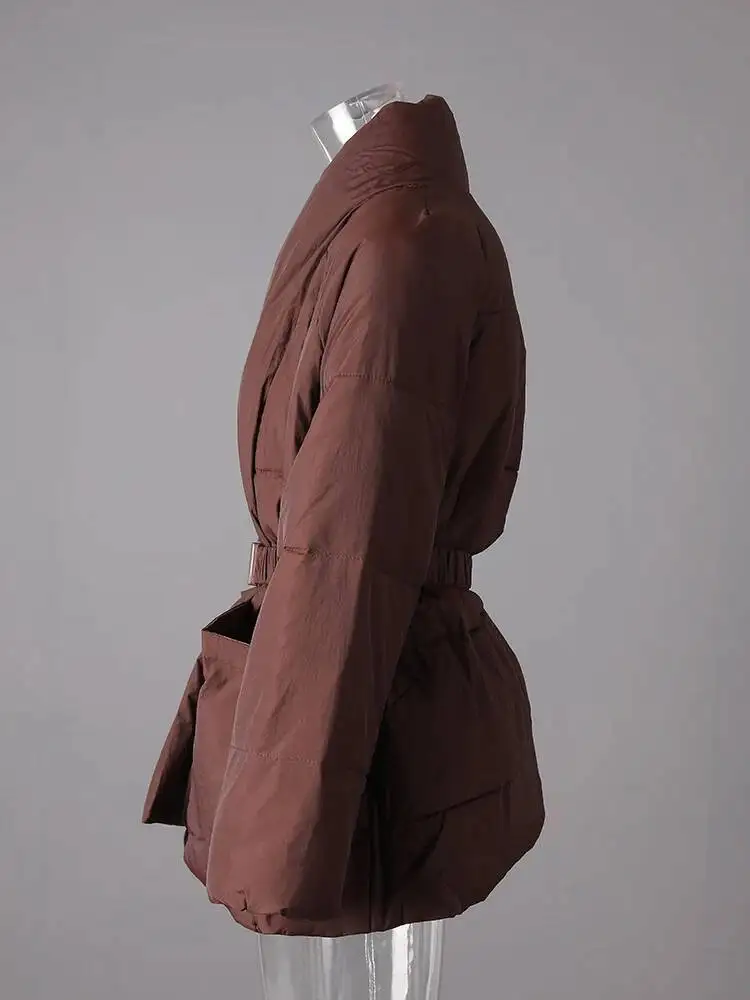 DEAT Fashion Brown Cotton-padded Coat Women's V-neck Loose Big Pockets Sashes Thick Warm Jacket Winter New