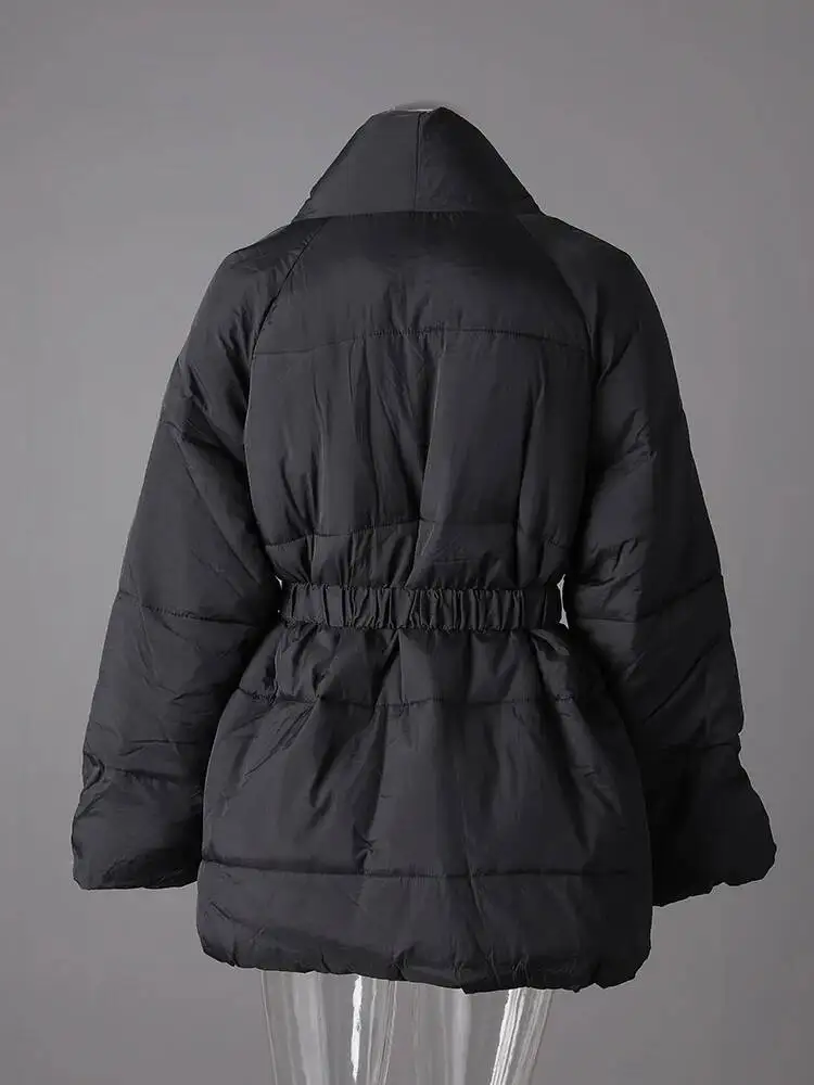 DEAT Fashion Brown Cotton-padded Coat Women's V-neck Loose Big Pockets Sashes Thick Warm Jacket Winter New