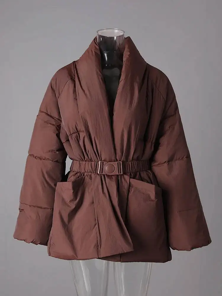 DEAT Fashion Brown Cotton-padded Coat Women's V-neck Loose Big Pockets Sashes Thick Warm Jacket Winter New