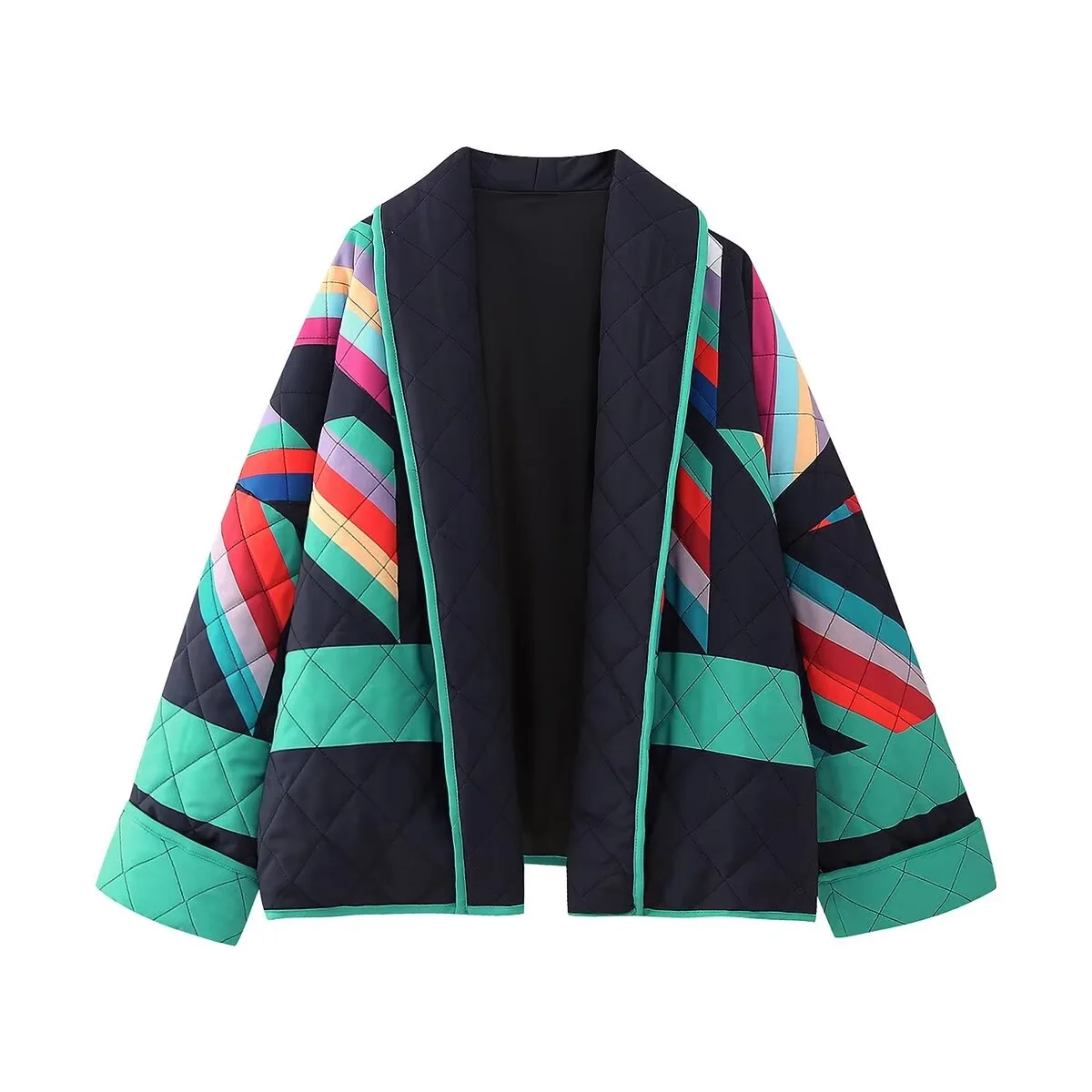 Women Casual Parka Fall-Winter 2024 Fashion Geometric Print Spliced Jacket Vintage Lapel Kimono Cardigan Elegant Thermal Tops