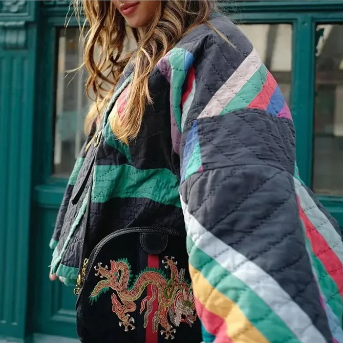 Women Casual Parka Fall-Winter 2024 Fashion Geometric Print Spliced Jacket Vintage Lapel Kimono Cardigan Elegant Thermal Tops