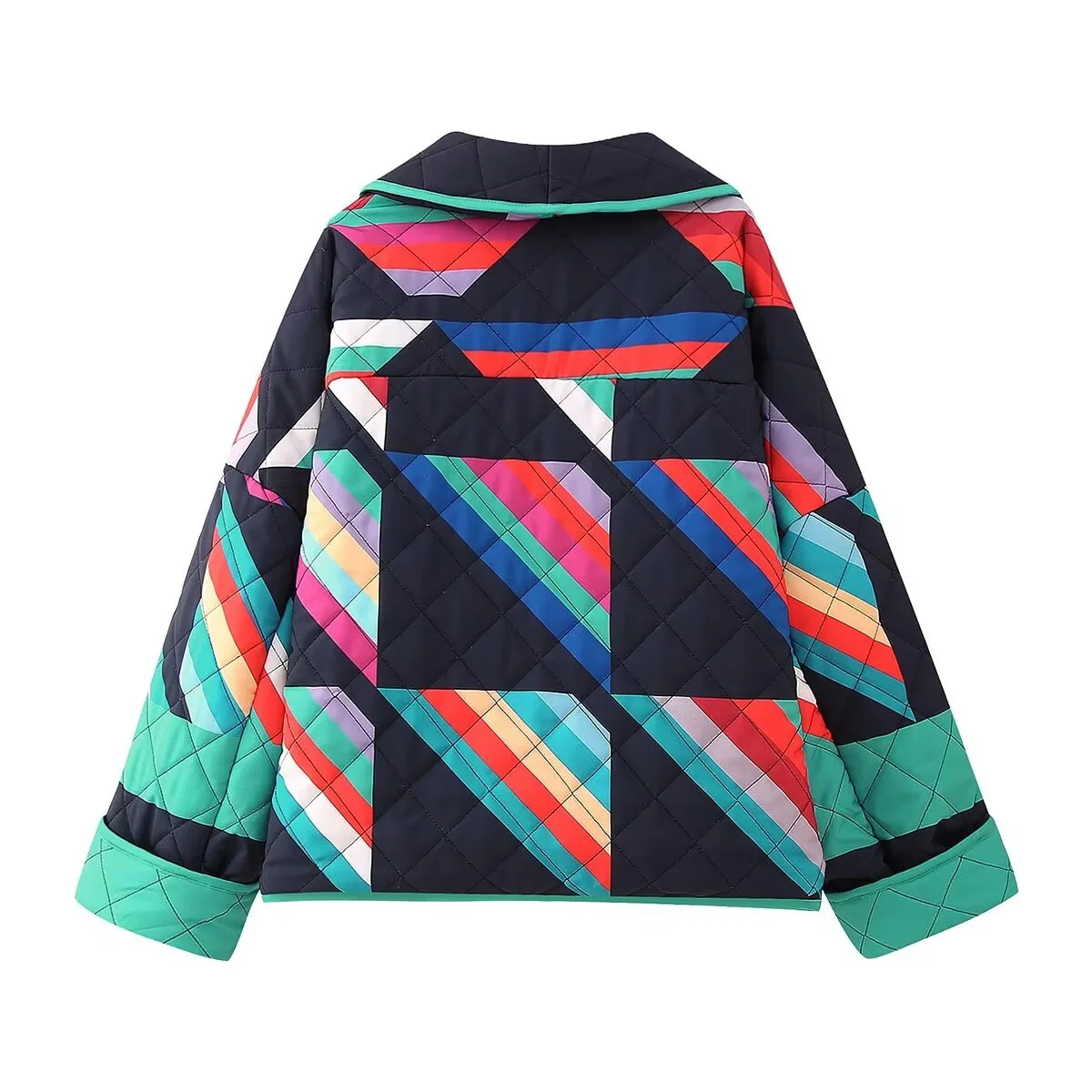 Women Casual Parka Fall-Winter 2024 Fashion Geometric Print Spliced Jacket Vintage Lapel Kimono Cardigan Elegant Thermal Tops