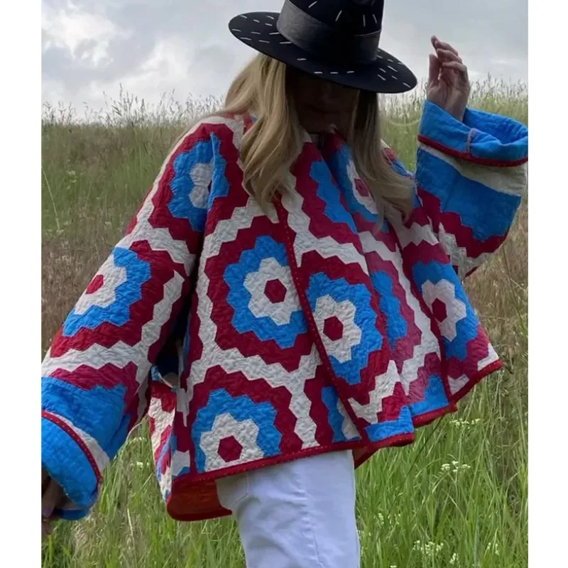 Women Casual Parka Fall-Winter 2024 Fashion Geometric Print Spliced Jacket Vintage Lapel Kimono Cardigan Elegant Thermal Tops