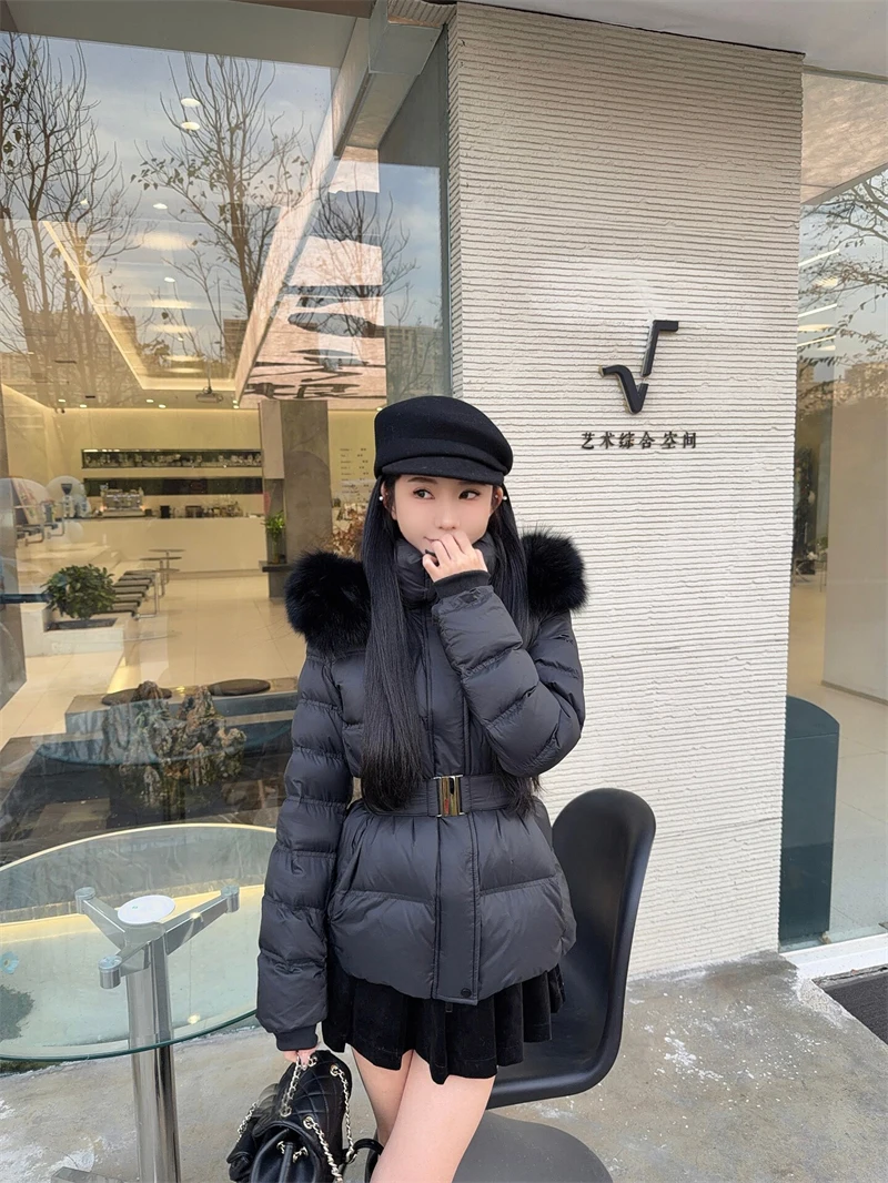 ZAROY Winter Belted Coat Women Fur Hood Quilted Cotton Padded Jackets Fashion Elegant Streetwear Outerwear Skiing Parkas куртка