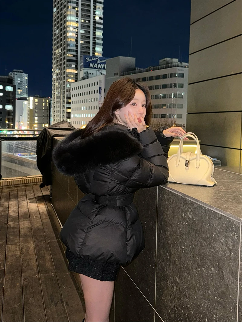 ZAROY Winter Belted Coat Women Fur Hood Quilted Cotton Padded Jackets Fashion Elegant Streetwear Outerwear Skiing Parkas куртка