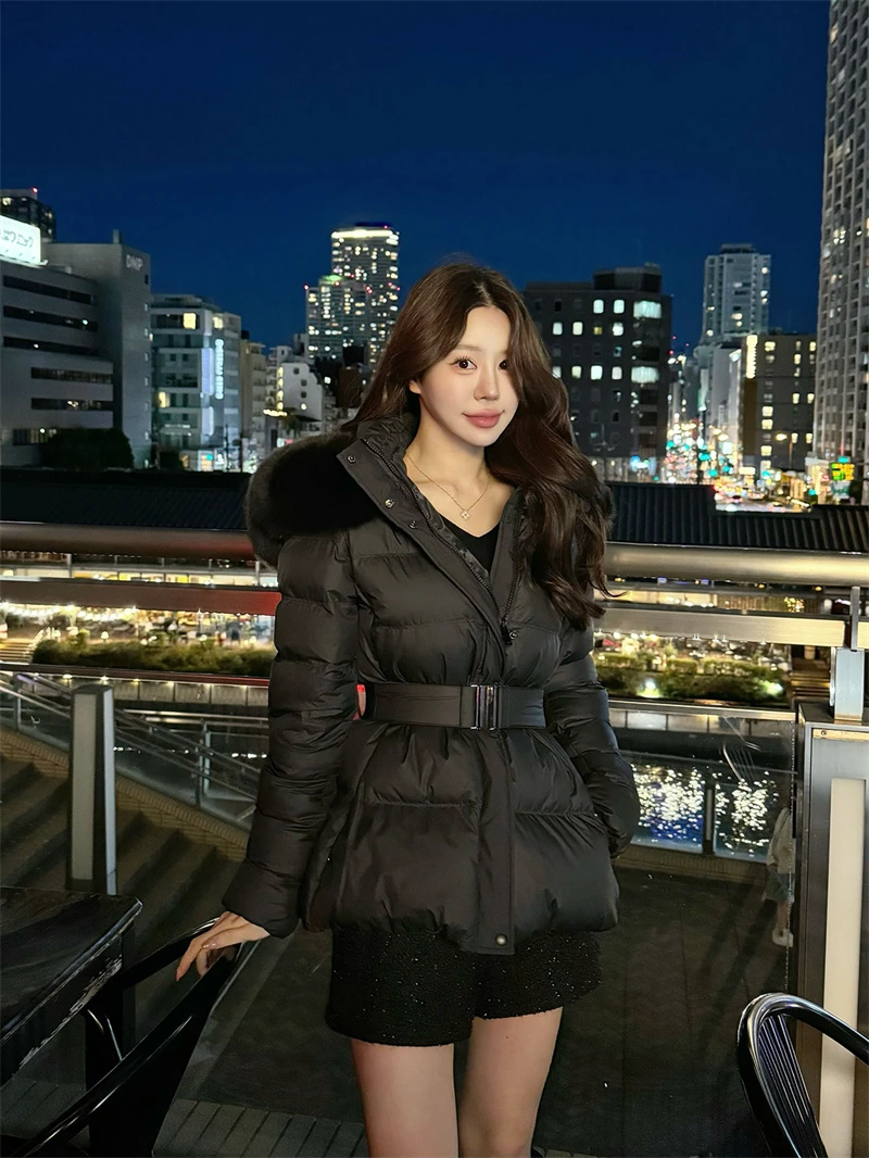 ZAROY Winter Belted Coat Women Fur Hood Quilted Cotton Padded Jackets Fashion Elegant Streetwear Outerwear Skiing Parkas куртка