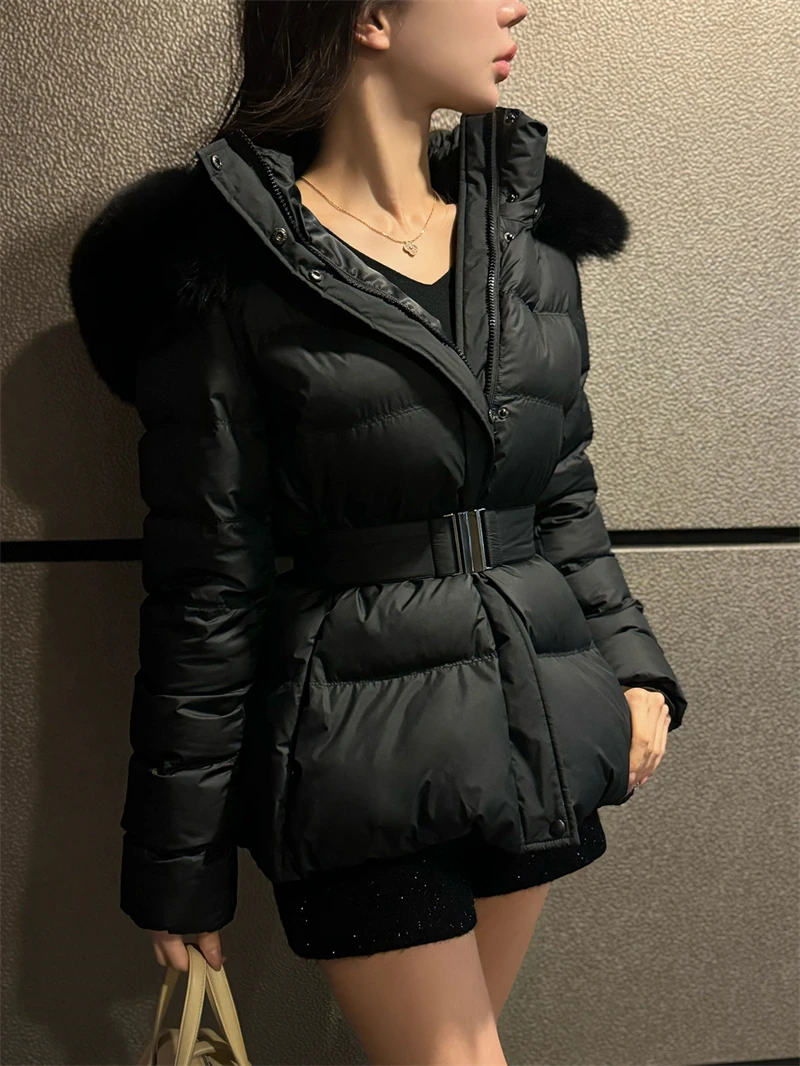 ZAROY Winter Belted Coat Women Fur Hood Quilted Cotton Padded Jackets Fashion Elegant Streetwear Outerwear Skiing Parkas куртка
