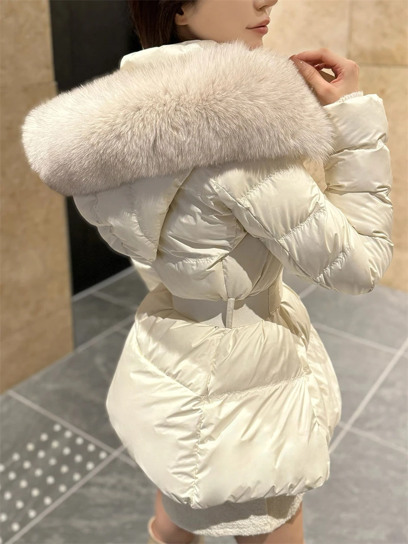 ZAROY Winter Belted Coat Women Fur Hood Quilted Cotton Padded Jackets Fashion Elegant Streetwear Outerwear Skiing Parkas куртка
