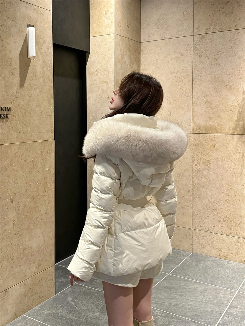 ZAROY Winter Belted Coat Women Fur Hood Quilted Cotton Padded Jackets Fashion Elegant Streetwear Outerwear Skiing Parkas куртка