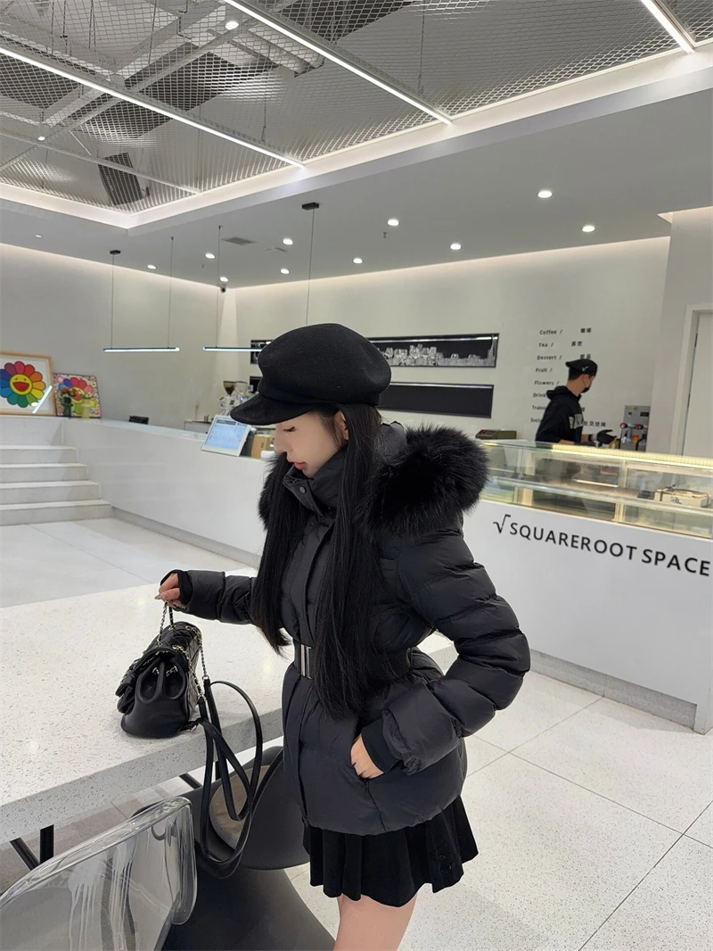 ZAROY Winter Belted Coat Women Fur Hood Quilted Cotton Padded Jackets Fashion Elegant Streetwear Outerwear Skiing Parkas куртка
