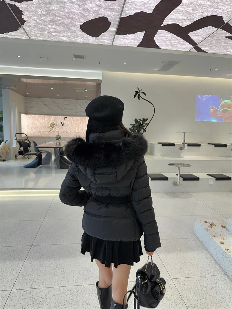 ZAROY Winter Belted Coat Women Fur Hood Quilted Cotton Padded Jackets Fashion Elegant Streetwear Outerwear Skiing Parkas куртка