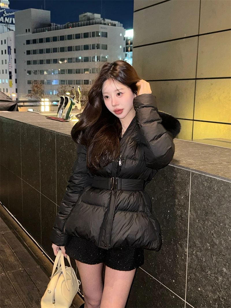 ZAROY Winter Belted Coat Women Fur Hood Quilted Cotton Padded Jackets Fashion Elegant Streetwear Outerwear Skiing Parkas куртка