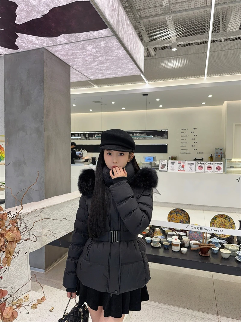 ZAROY Winter Belted Coat Women Fur Hood Quilted Cotton Padded Jackets Fashion Elegant Streetwear Outerwear Skiing Parkas куртка
