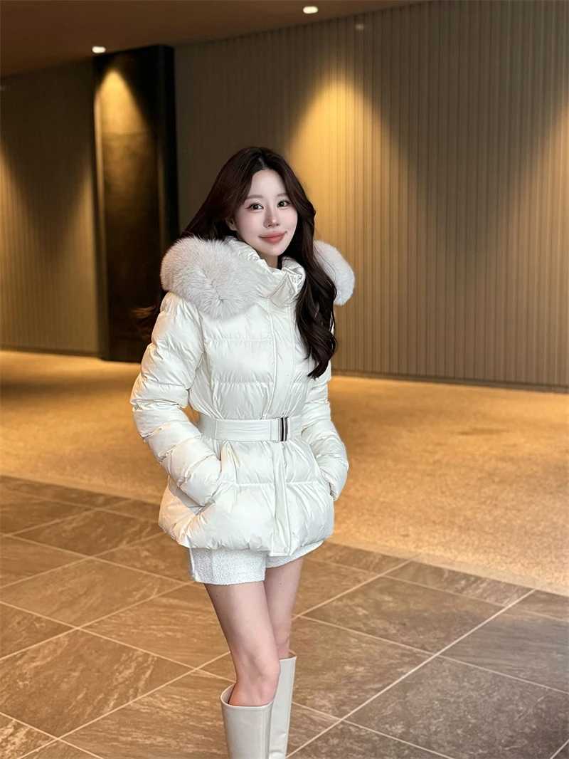 ZAROY Winter Belted Coat Women Fur Hood Quilted Cotton Padded Jackets Fashion Elegant Streetwear Outerwear Skiing Parkas куртка