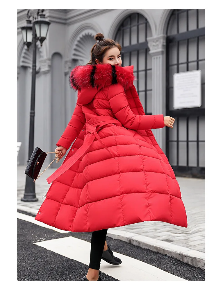 Women Winter Long Cotton Coat 2025 New Women Big Fur Collar Parkas  Korean Loose Belt Slim Jacket Down Cotton Coat Women Outwear