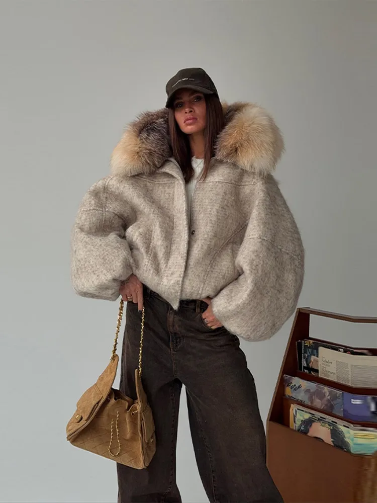 Women Vintage Faux Fur Collar Cotton Jacket Dark Brown Long Sleeved Warm Oversize Coat 2025 Autumn Winter High Street Outerwear