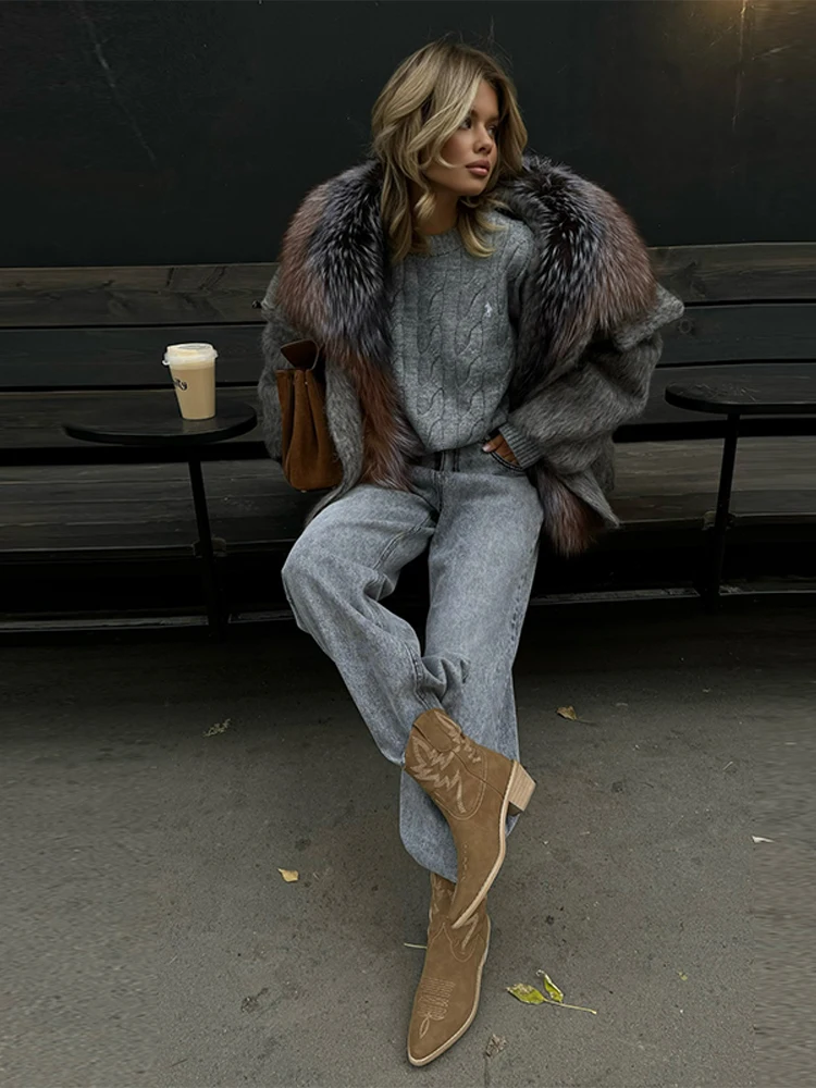 Women Vintage Faux Fur Collar Cotton Jacket Dark Brown Long Sleeved Warm Oversize Coat 2025 Autumn Winter High Street Outerwear