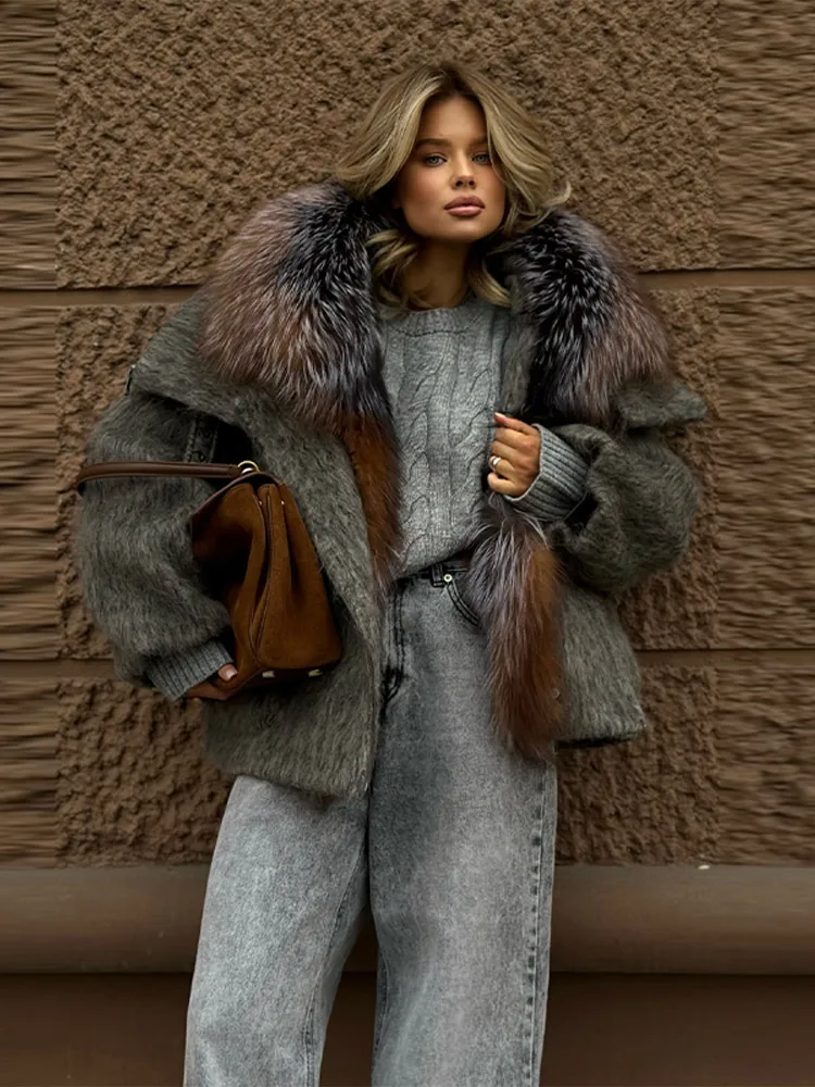 Women Vintage Faux Fur Collar Cotton Jacket Dark Brown Long Sleeved Warm Oversize Coat 2025 Autumn Winter High Street Outerwear