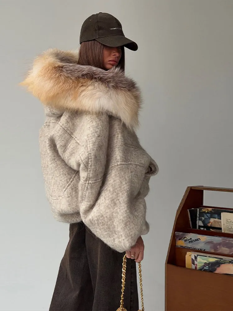 Women Vintage Faux Fur Collar Cotton Jacket Dark Brown Long Sleeved Warm Oversize Coat 2025 Autumn Winter High Street Outerwear