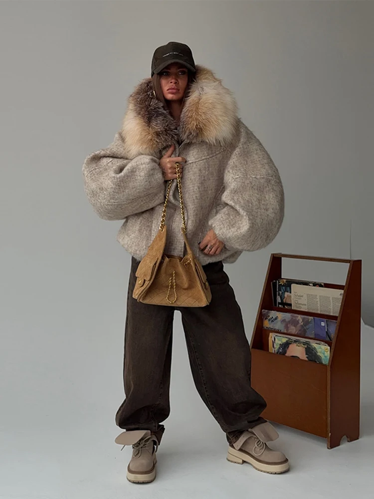 Women Vintage Faux Fur Collar Cotton Jacket Dark Brown Long Sleeved Warm Oversize Coat 2025 Autumn Winter High Street Outerwear