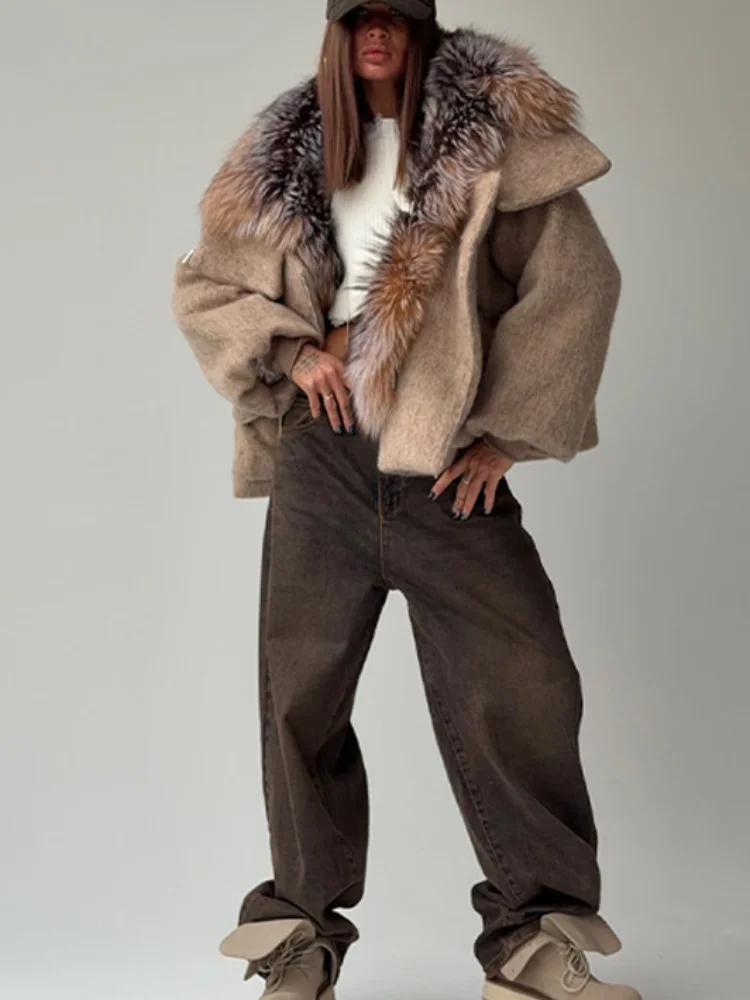 Women Vintage Faux Fur Collar Cotton Jacket Dark Brown Long Sleeved Warm Oversize Coat 2025 Autumn Winter High Street Outerwear