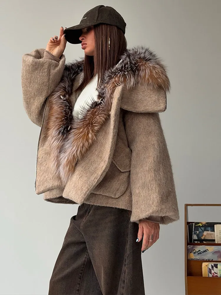 Women Vintage Faux Fur Collar Cotton Jacket Dark Brown Long Sleeved Warm Oversize Coat 2025 Autumn Winter High Street Outerwear