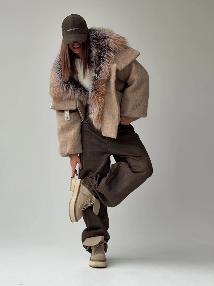 Women Vintage Faux Fur Collar Cotton Jacket Dark Brown Long Sleeved Warm Oversize Coat 2025 Autumn Winter High Street Outerwear