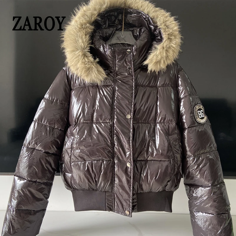 Russian Winter Warm Faux Fur Hooded Quilted Puffer Jacket Women Y2K Retro Padded Short Coat Casual Parka Glossy Outerwear куртка