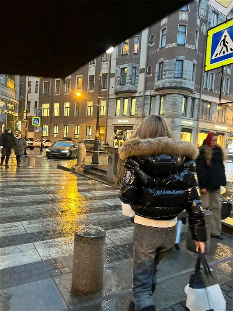 Russian Winter Warm Faux Fur Hooded Quilted Puffer Jacket Women Y2K Retro Padded Short Coat Casual Parka Glossy Outerwear куртка